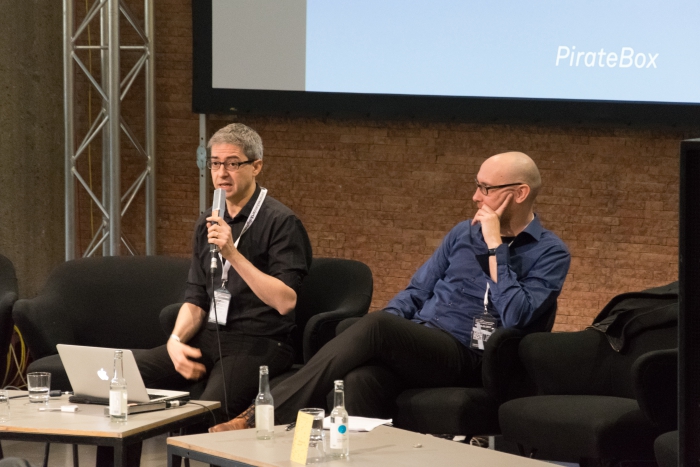 Alessandro Ludovico and Jussi Parikka at the talk "The Temporary Library", transmediale 2017