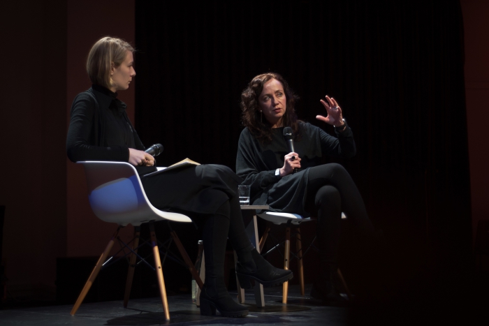 Elvia Wilk (left) in conversation with Joanna Zylinska (right) at the talk "Nonhuman Photography: Dispatches from the End of the World", transmediale 2017.