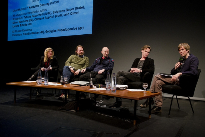 Tatiana Bazzichelli, Oliver Baurhenn, Oliver Lerone Schultz, Clemens Apprich and Kristoffer Gansing (left to right) at the talk "Beyond in/compatible", transmediale 2012.