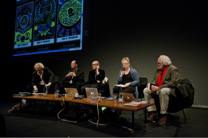Siegfried Zielinski, Wolfgang Ernst, Jussi Parikka, Inke Arns and Timothy Druckrey (left to right) at "Search for a Method", transmediale 2012