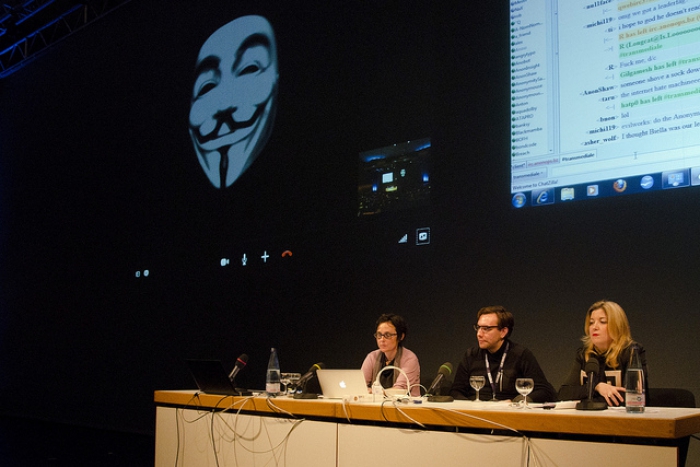 Gabriella Coleman, Jacob Appelbaum and Tatiana Bazzichelli (left to right) at "Anonymous Codes: Disruption, Virality and the Lulz", transmediale 2012 in/compatible.